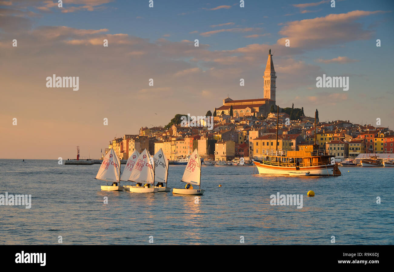 Vue de la ville de Rovinj en Croatie. Voilier régate qui aura lieu dans le port sous la lumière du soleil d'or avec ville en arrière-plan Banque D'Images
