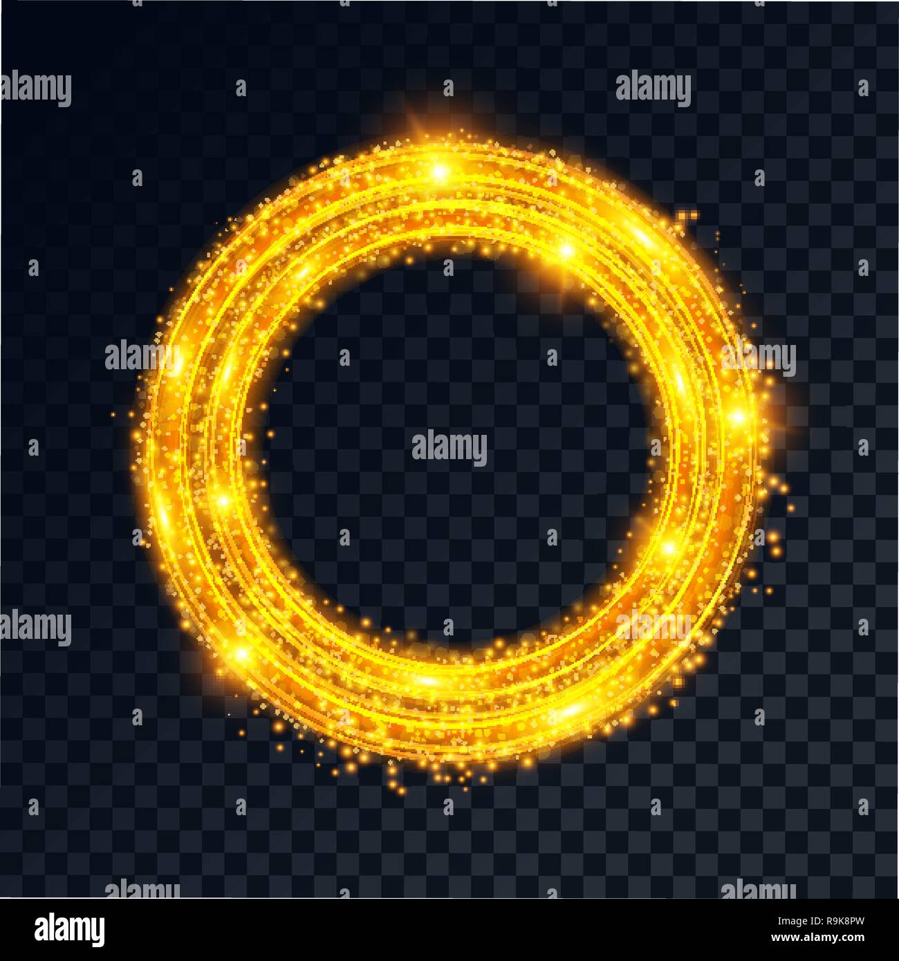 La bannière d'or qui brille. Les lignes circulaires mousseux jaune avec des paillettes et des particules lumineuses sur un fond translucide. Modèle de conception. Abstra Illustration de Vecteur