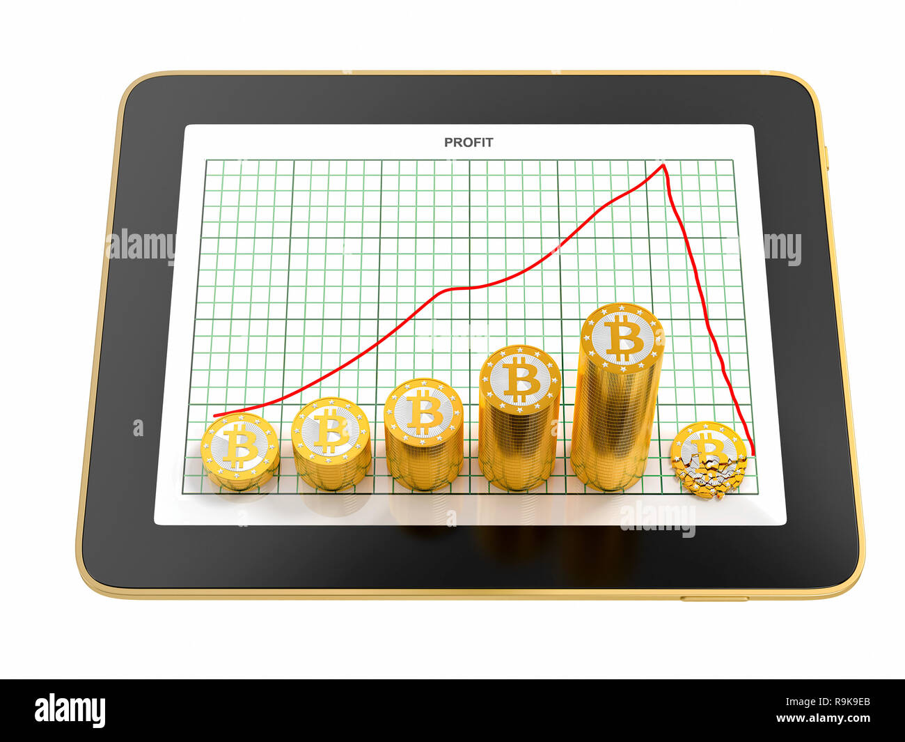Crash Bitcoin - Tablette graphique avec bénéfice des piles de Bitcoins doré sur elle - le rendu 3D Banque D'Images