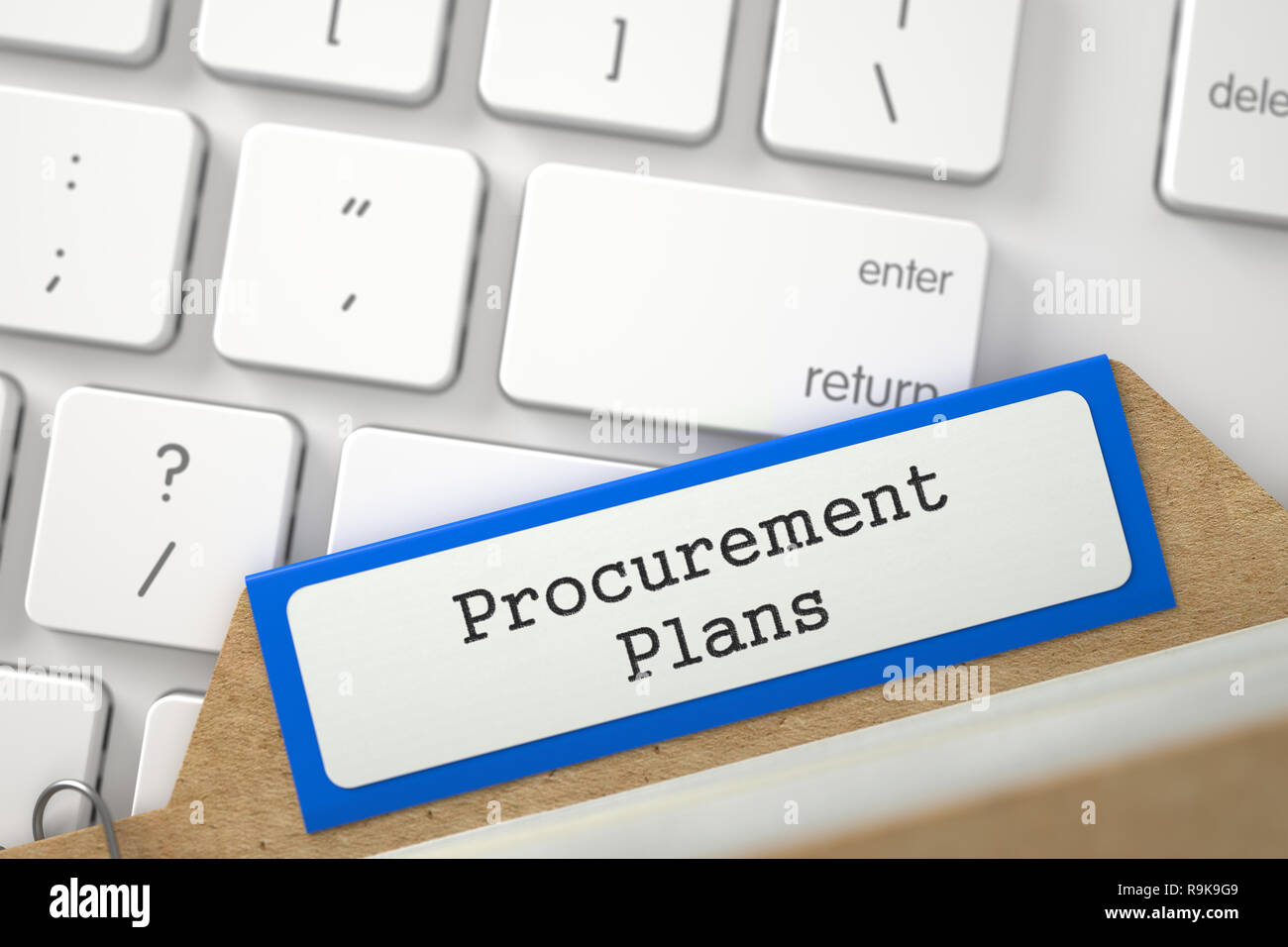 S'inscrire dossier bleu avec des plans d'acquisition sus-clavier PC Blanc. Vue en gros plan. Focus sélectif. Le Rendu 3D. Banque D'Images