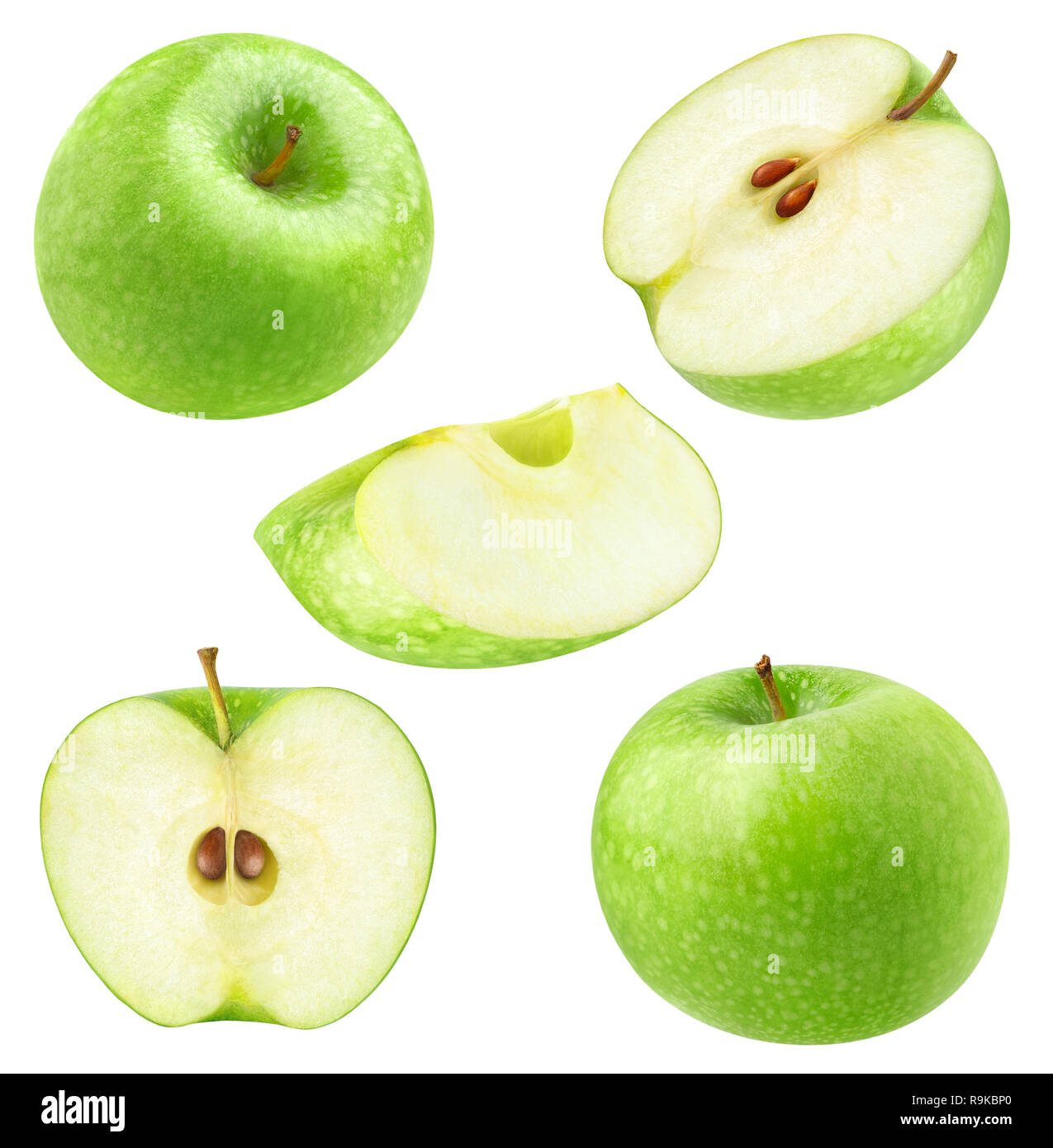 Pommes isolés. Collection d'ensemble et couper la pomme verte isolée sur fond blanc avec clipping path Banque D'Images