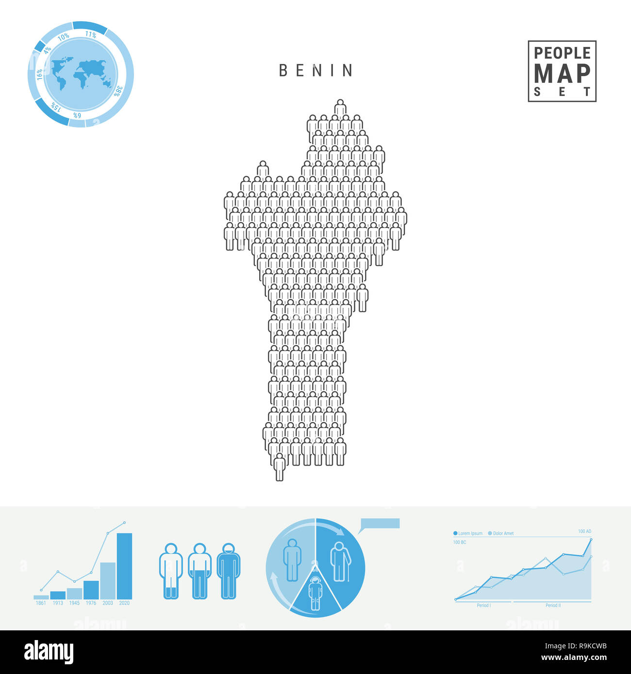 Bénin Personnes Carte des Icônes. Les gens foule dans la forme d'une carte du Bénin. Silhouette stylisée du Bénin. La croissance démographique et le vieillissement de l'Infographie. Il Banque D'Images