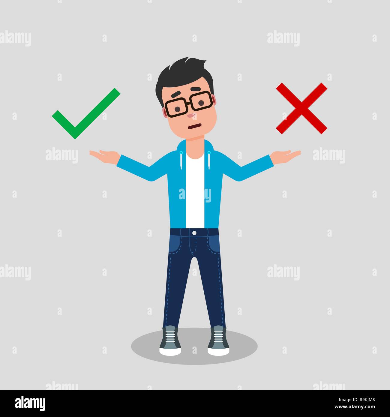 Bon ou mauvais choix. Jeune homme en jeans et sweat-shirt, la prise de ...