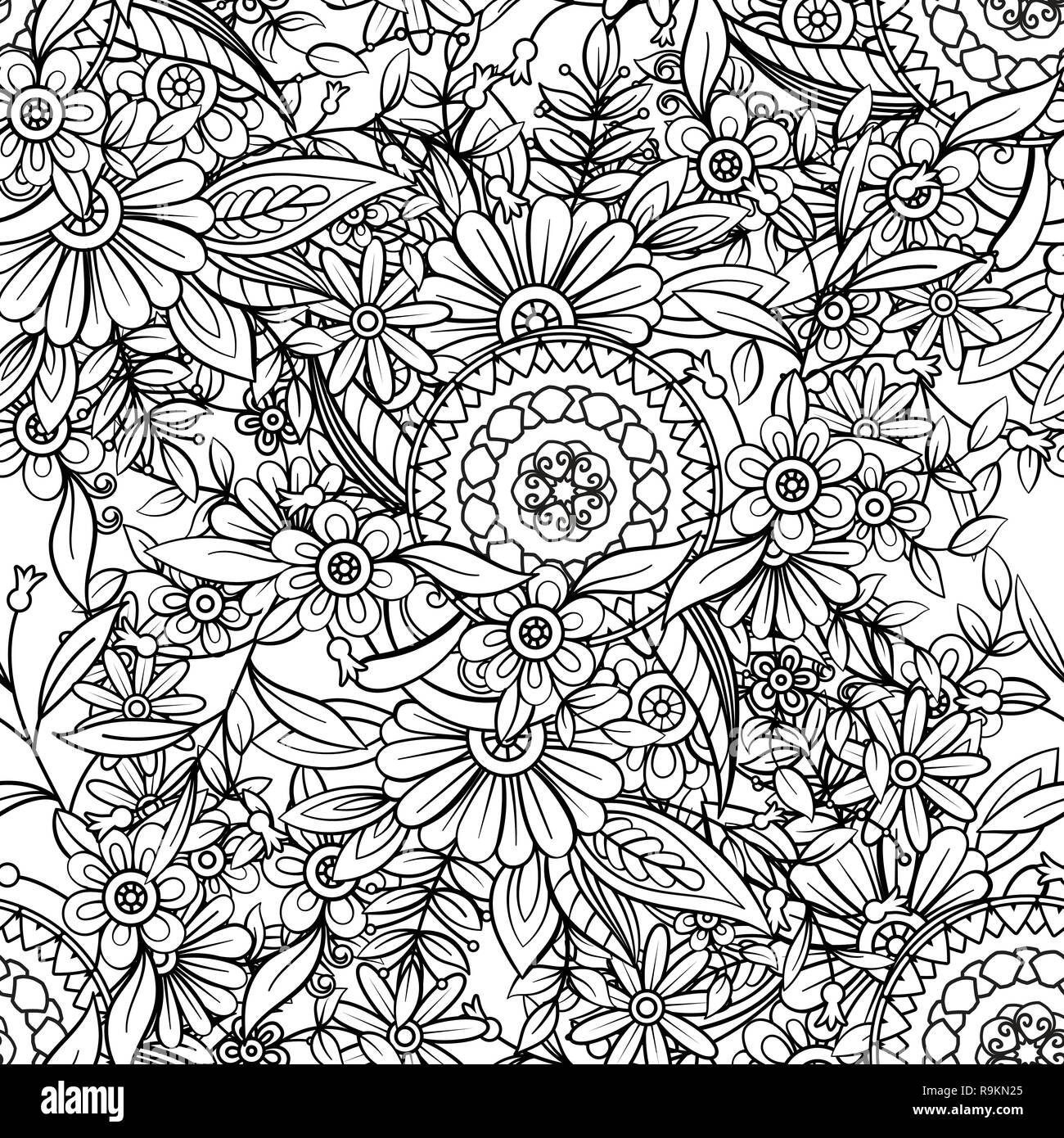 Motif transparent floral en noir et blanc. Livre de coloriage adultes page avec des fleurs et des mandalas. Hand drawn vector illustration. Doodles contexte Illustration de Vecteur Motif transparent floral en noir et blanc. Livre de coloriage adultes page avec des fleurs et des mandalas. Hand drawn vector illustration. Doodles contexte Illustration de Vecteur