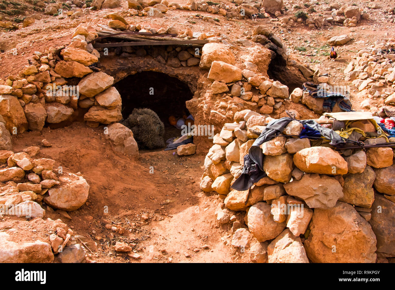 Camp nomade dans des grottes près de Gorges de Todra, Tinghir, Maroc en Afrique Banque D'Images