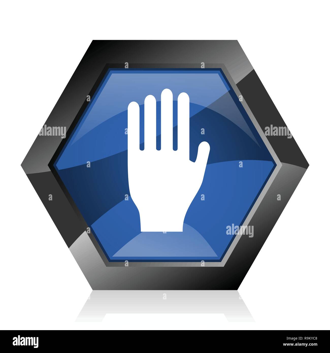Arrêter brillant bleu foncé géométrique hexagonale diamond vector icône web avec réflexion sur fond blanc. Design moderne bouton internet hexagonal. Illustration de Vecteur