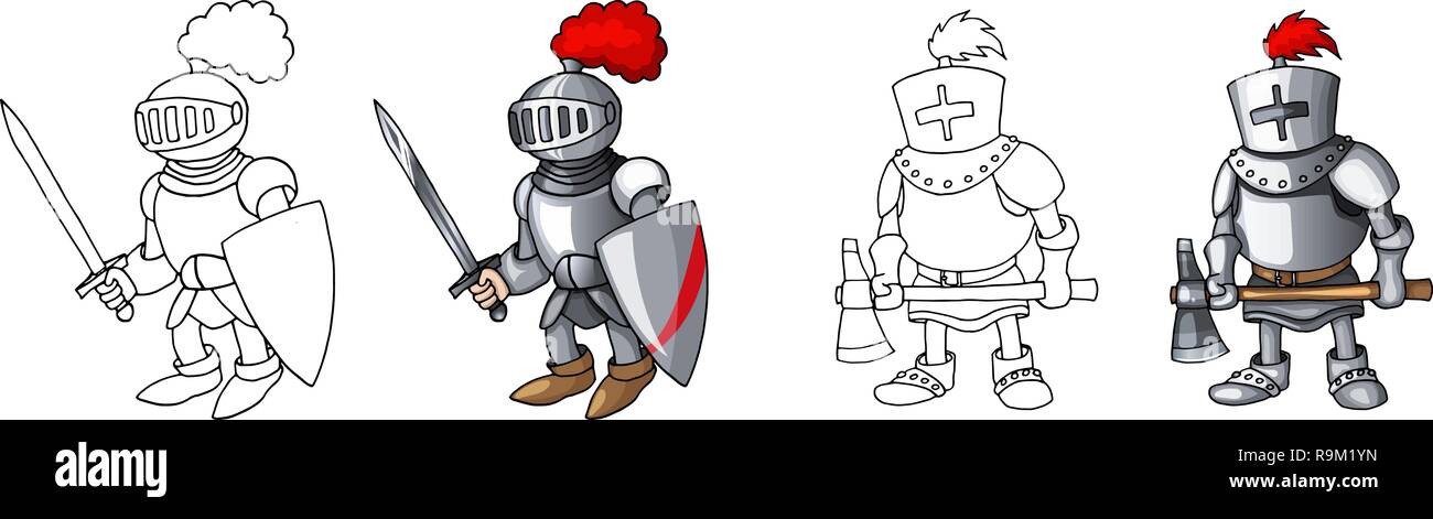 Cartoon medieval chevaliers armés confiant, isolé sur fond blanc de colorants Illustration de Vecteur