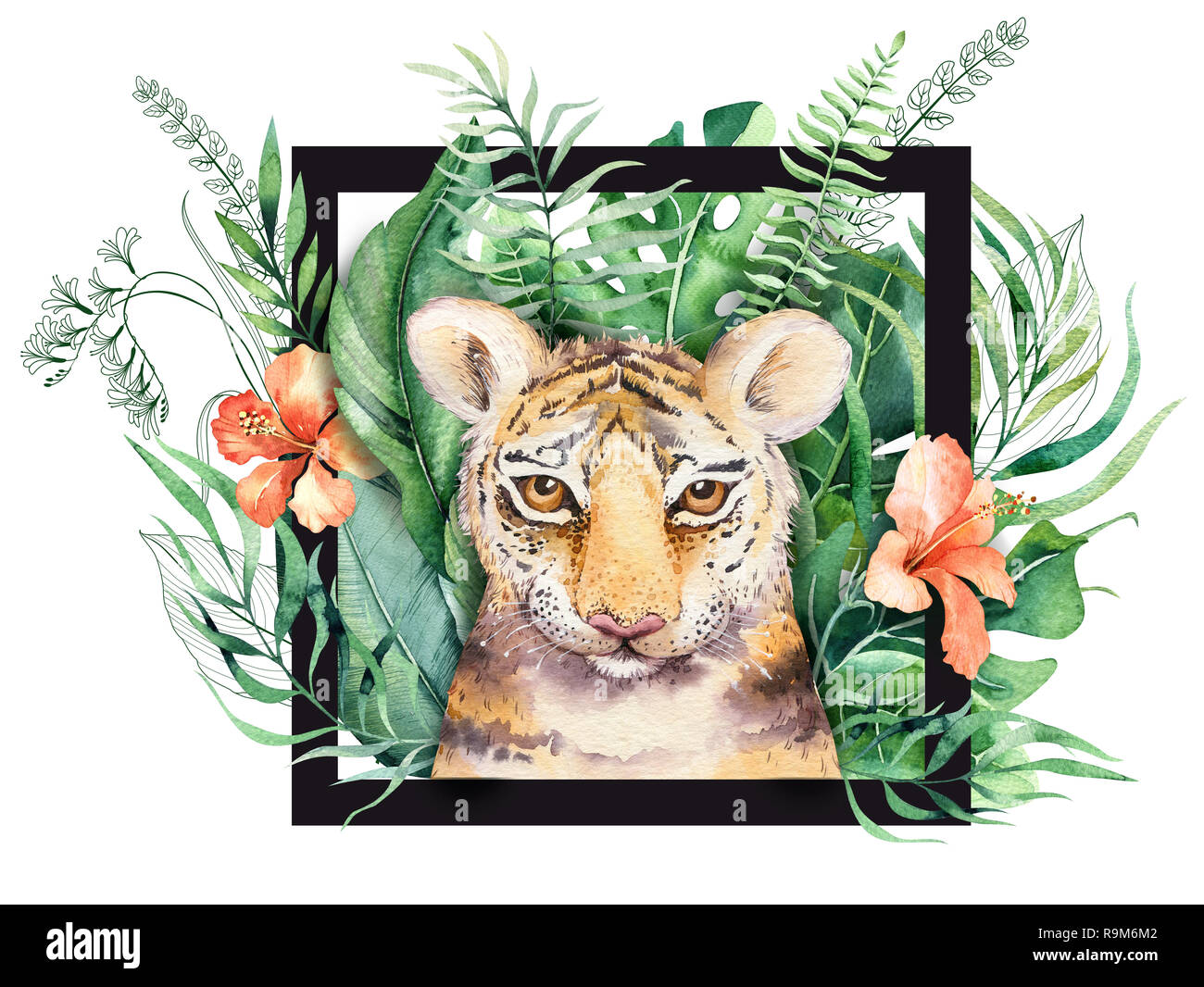 Tigre Et De L Ete Illustration Aquarelle Paradise Tropical Laisse