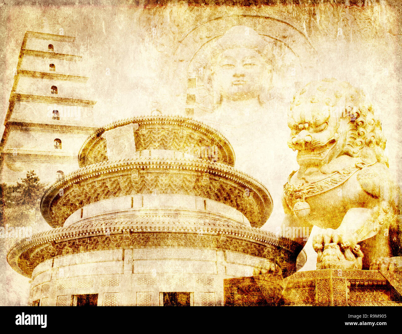 Grunge background avec texture du papier et monuments de Chine - Temple du Ciel à Beijing, la Grande Pagode de l'Oie Sauvage à Xian, lion statue en interdit Cit Banque D'Images
