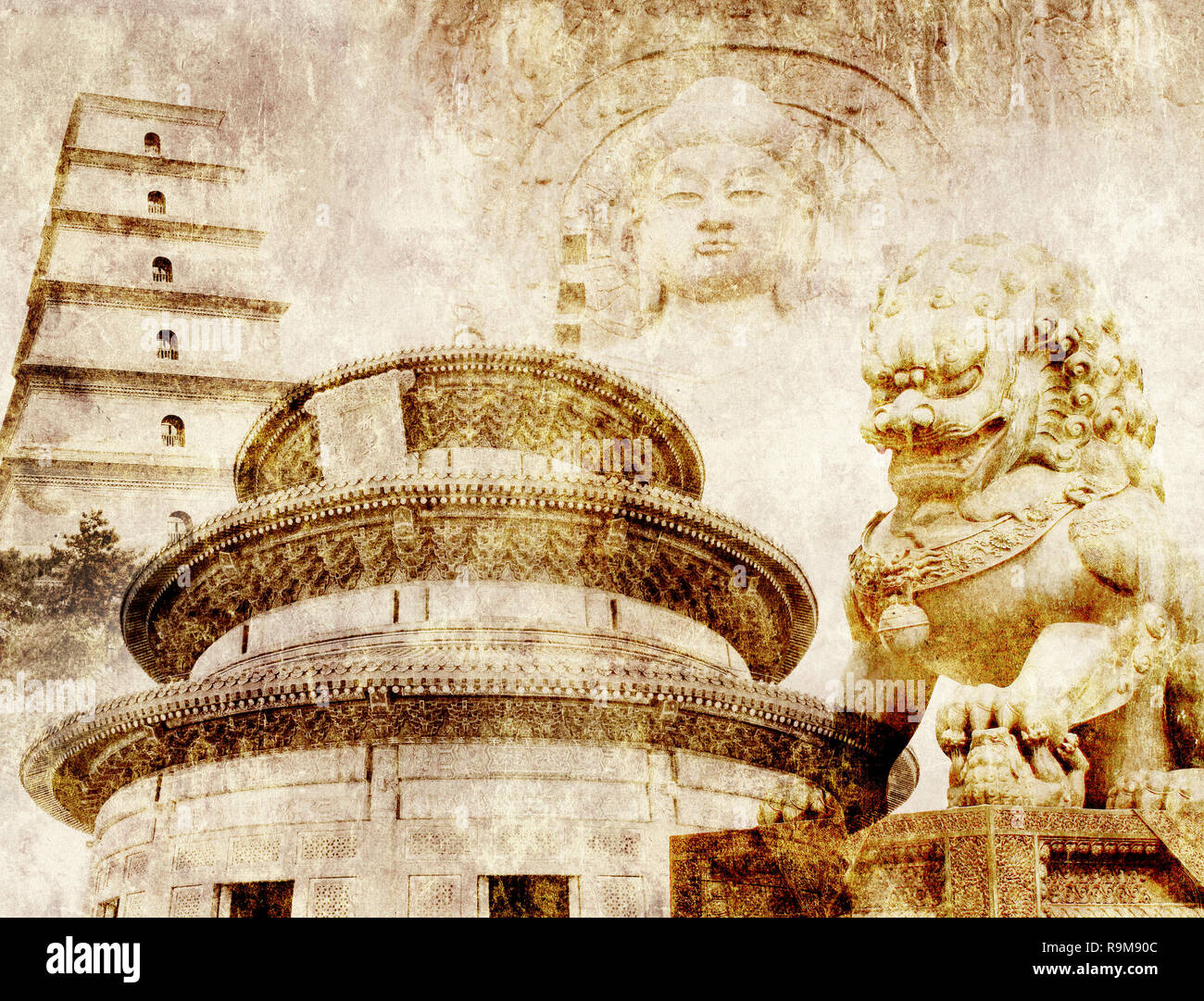 Grunge background avec texture du papier et monuments de Chine - Temple du Ciel à Beijing, la Grande Pagode de l'Oie Sauvage à Xian, lion statue en interdit Cit Banque D'Images