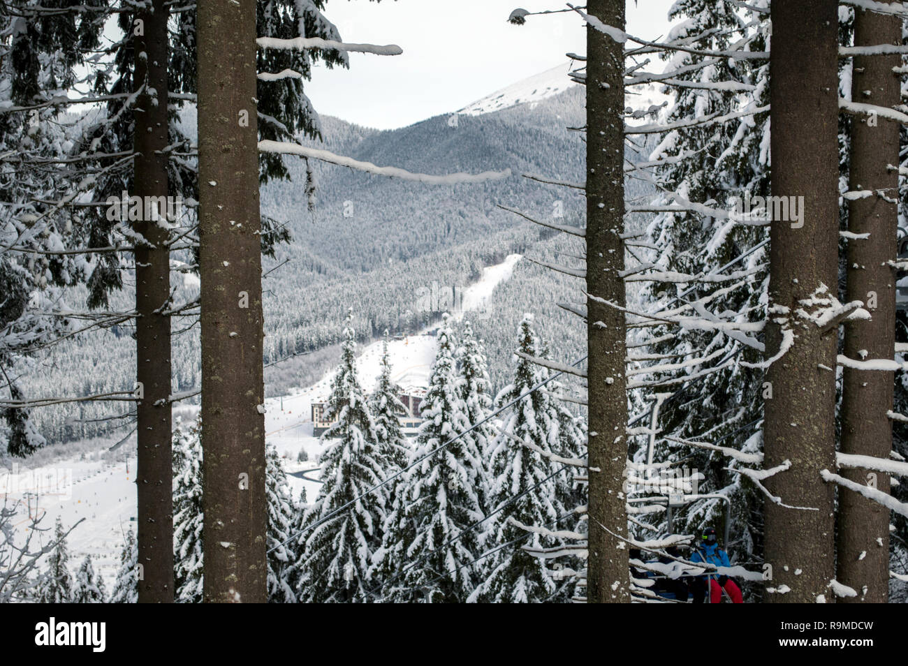Station de ski en décembre, le thème de sports de montagne, ski, Mavrovo, Carpates, Ukraine Banque D'Images