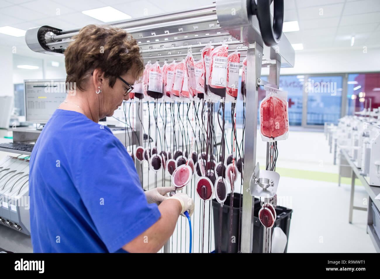 Hagen, Allemagne. 06Th Nov, 2018. Un employé de la Croix-Rouge allemande à  l'Ouest ascenseurs plasma congelé sur un congélateur dans le lieu de  production pour les produits sanguins. Comme la plus grande
