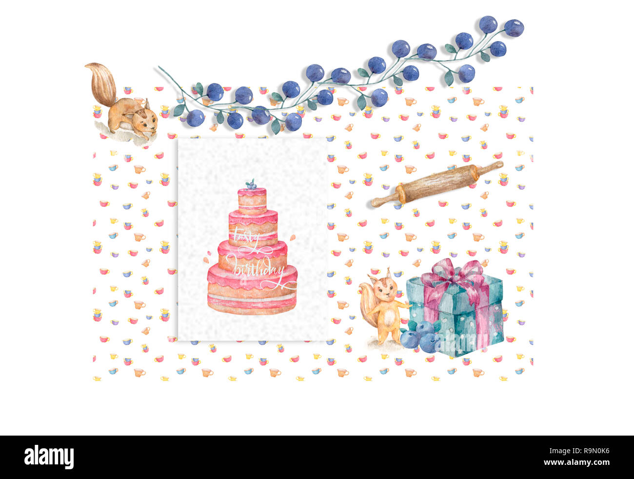 Carte De Voeux Illustration Avec Gateau Ecureuil Et Blue Pize Fort Sur Cups Motif De Fond Style Aquarelle Photo Stock Alamy