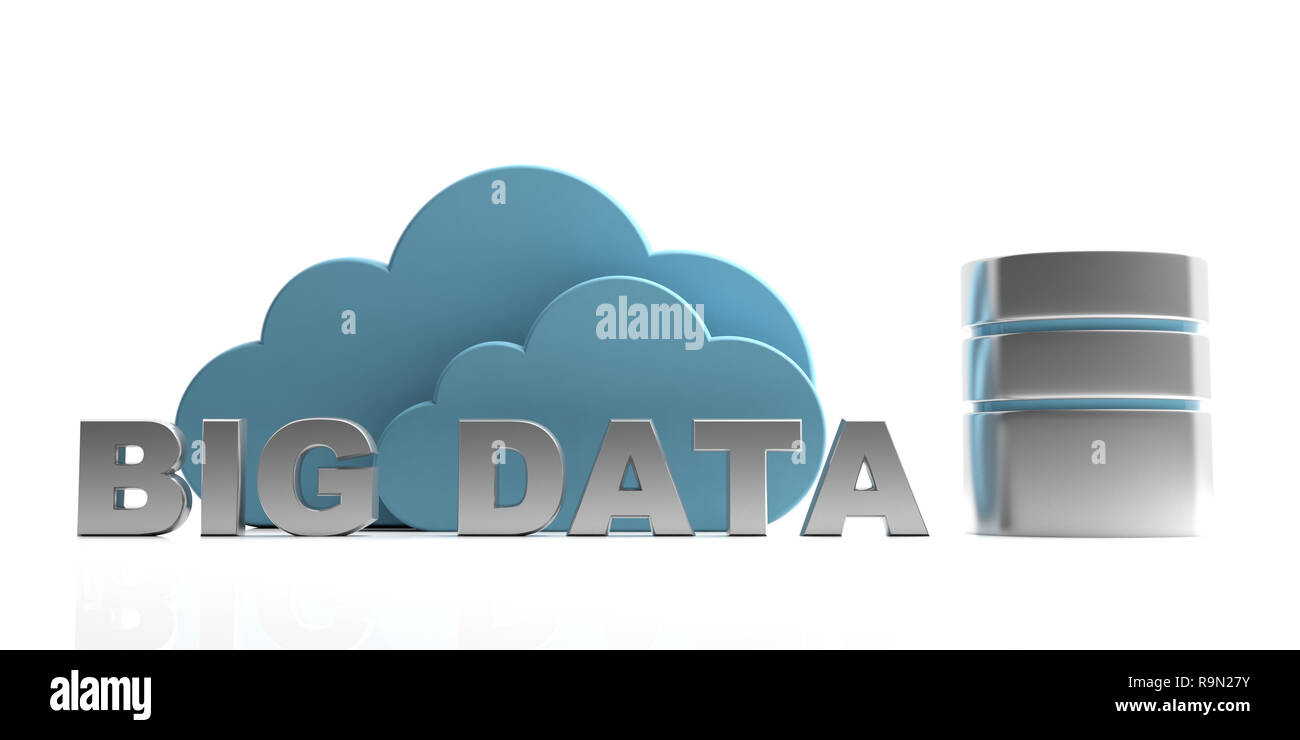 Big Data, internet des objets concept. Texte big data et nuages bleus isolé sur fond blanc. 3d illustration Banque D'Images
