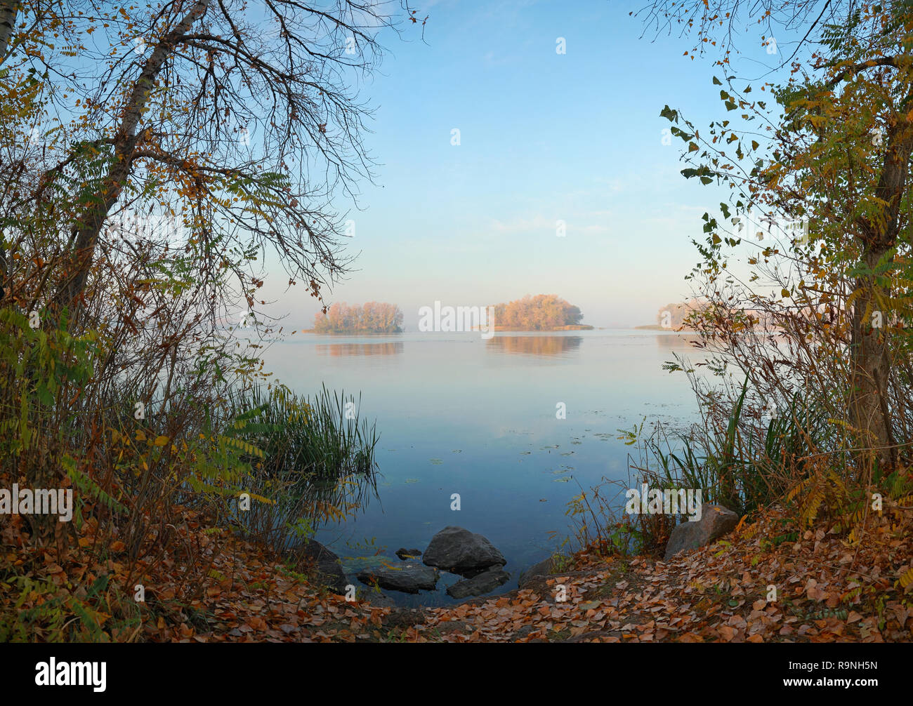 Panorama, au lever du soleil sur les îles du Dniepr Banque D'Images