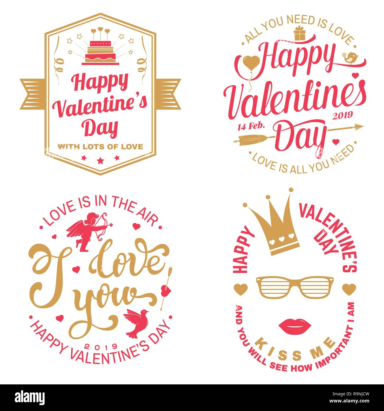 Jeu de Happy Valentines Day sign. Stamp, autocollant, carte avec couronne, des lèvres et des verres, des oiseaux, de l'Amur, flèche coeur. Vecteur. Typographie vintage design pour des invitations, des Valentines Day célébration romantique dans l'emblème de style rétro. Illustration de Vecteur