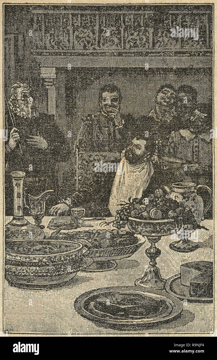 Le physien interdit à Sancho Panza de manger. Don Quichotte scène de roman. Illustration de Calleja Edition publiée en 1916. Banque D'Images
