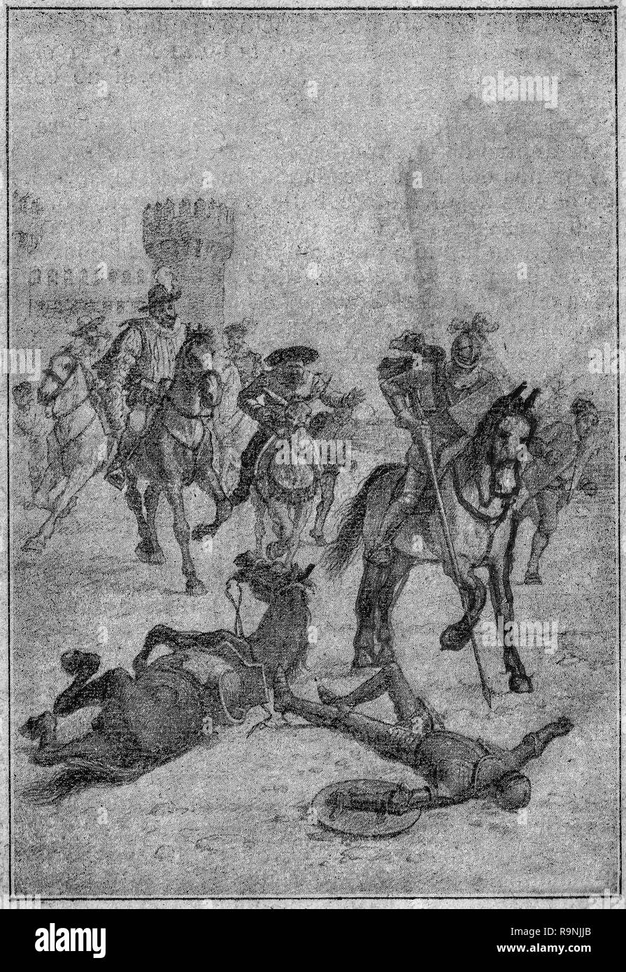 Le Chevalier de la Lune blanche bat Don Quichotte. Don Quichotte scène de roman. Illustration de Calleja Edition publiée en 1916. Banque D'Images