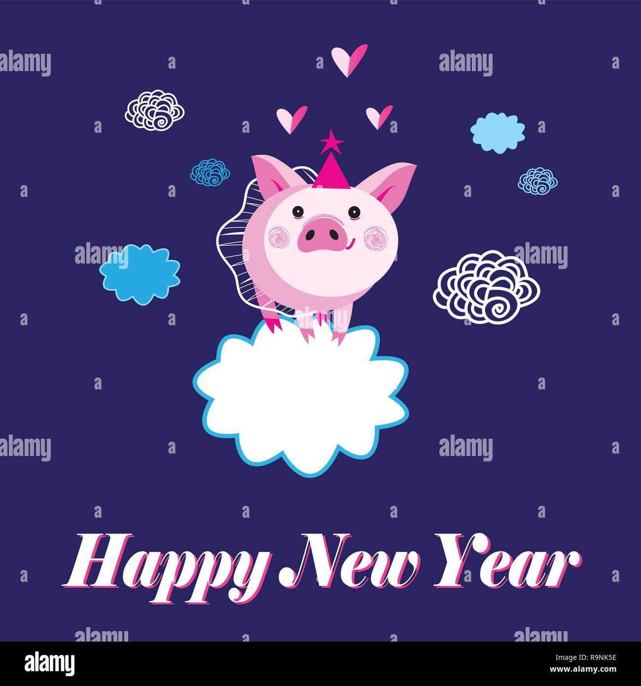 Nouvel An festif carte de vœux. Drôle de rose vecteur cochon. Cute cartoon funny character. Télévision design isolés. Illustration de Vecteur