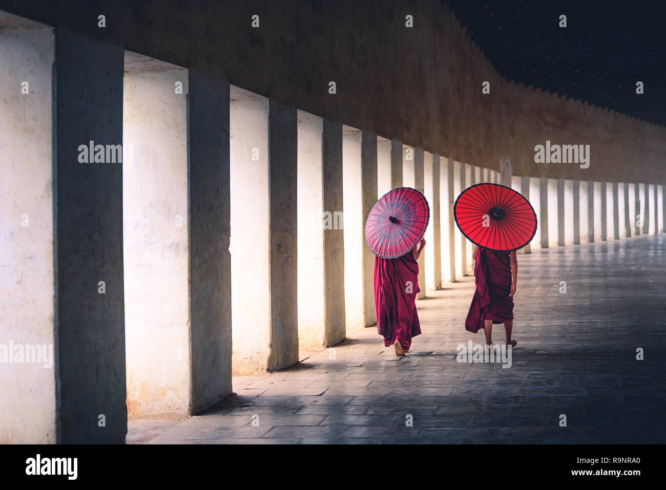 Deux moine novice tenant un parapluie rouge et de la marche dans la pagode, le Myanmar. Banque D'Images