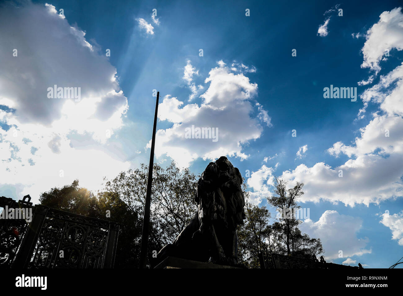 Sculpture statue ou avec lion's nom. dans la forêt de Chapultepec. parc urbain à la ville de Mexico. (Foto Luis Gutierrez /NortePhoto.com) estatua o escultura con foma de Leon. en el Bosque de Chapultepec. parque urbano en la Ciudad de México. estatua o escultura con foma de Leon. en el Bosque de Chapultepec. parque urbano en la Ciudad de México. Banque D'Images