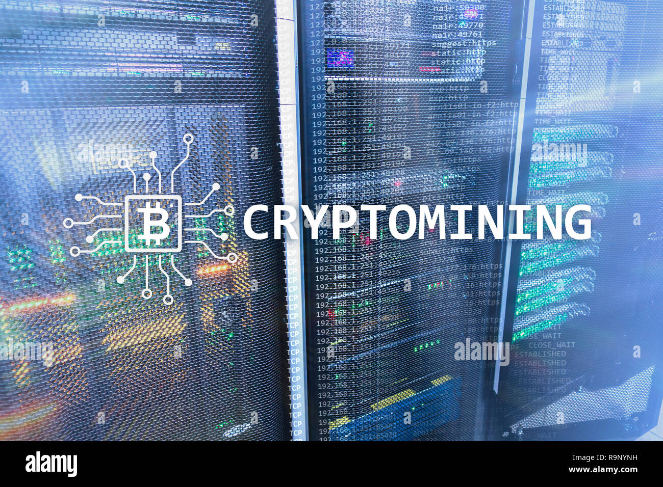 L'exploitation minière Cryptocurrency concept sur arrière-plan de la salle serveur. Banque D'Images