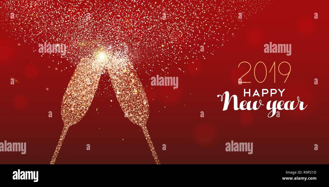 Carte De Vœux De Luxe Nouvel An Illustration Verre Toast Fait D Or Texture Glitter Festif Sur Fond Rouge Avec Texte De Citation Image Vectorielle Stock Alamy