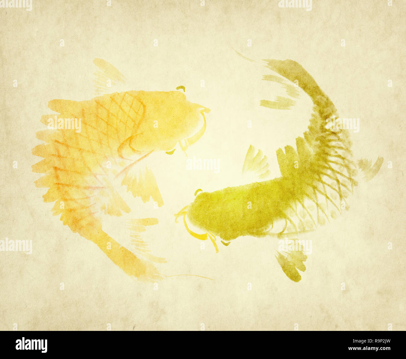 La carpe koï rouge et noir à la main dans un style traditionnel Banque D'Images