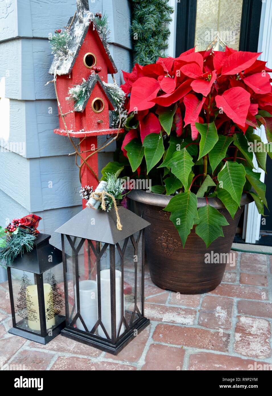 L'hiver de fête décorations de vacances vous accueillera avec le thème de Noël traditionnel, des éléments tels que les poinsettias, une volière et de lanternes rouges. Banque D'Images