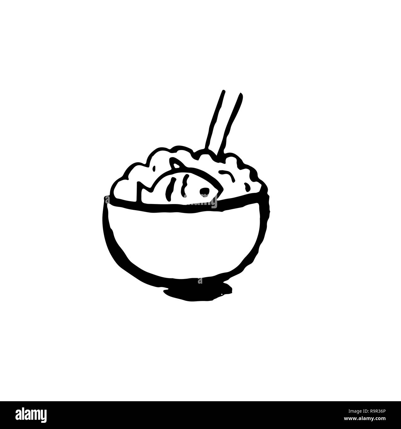 L'icône de riz au poisson. Pinceau encre grunge vector illustration. Télévision alimentaire illustration. Illustration de Vecteur
