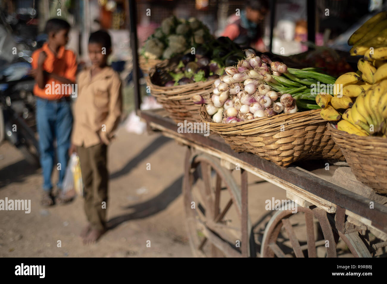 Panier en bois chargés de fruits et légumes frais, 2 jeunes garçons indiens se tenait dans l'arrière-plan. D peu profondes de F. près d'Udaipur, Rajasthan INDE Banque D'Images