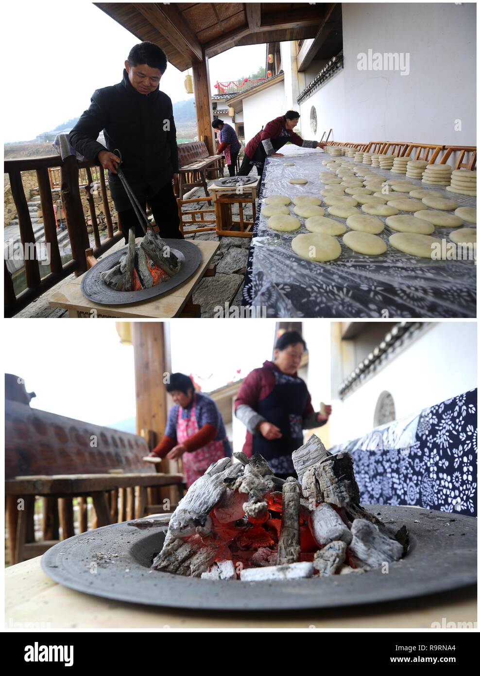 Changsha. 13 Décembre, 2018. Combo photo prise le 13 décembre 2018 montre que les personnes rendant ciba, une cuisine traditionnelle, près de poêles à bois pour le chauffage, dans le district de Wulingyuan de Zhangjiajie city, Province du Hunan en Chine centrale. Comme la température chute, les gens dans le Hunan utiliser divers appareils de chauffage pour lutter contre la froideur. Credit : Wu Yongbing/Xinhua/Alamy Live News Banque D'Images