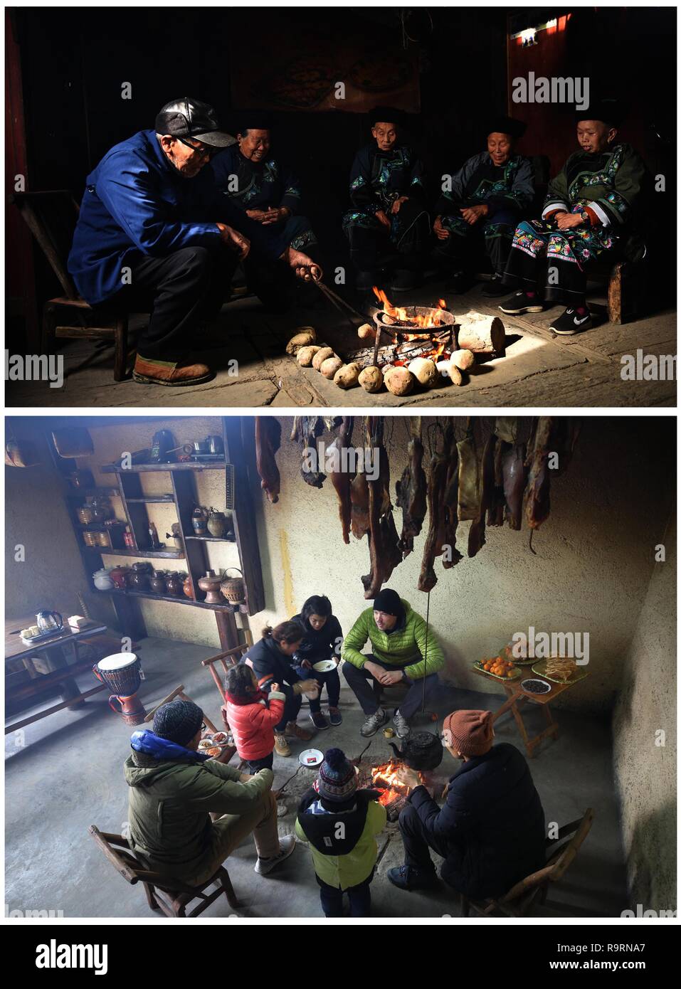 Changsha. Dec 27, 2018. Combo photo prise le 16 décembre 2018 dans le village de Saint Paul Zhuangjia ville (haut) et le 12 décembre 2018 dans le district de Wulingyuan de Zhangjiajie city (vers le bas), le centre de la Chine, la province du Hunan, montre aux gens rassemblement autour d'un poêle pour le chauffage. Comme la température chute, les gens dans le Hunan utiliser divers appareils de chauffage pour lutter contre la froideur. Source : Xinhua/Alamy Live News Banque D'Images