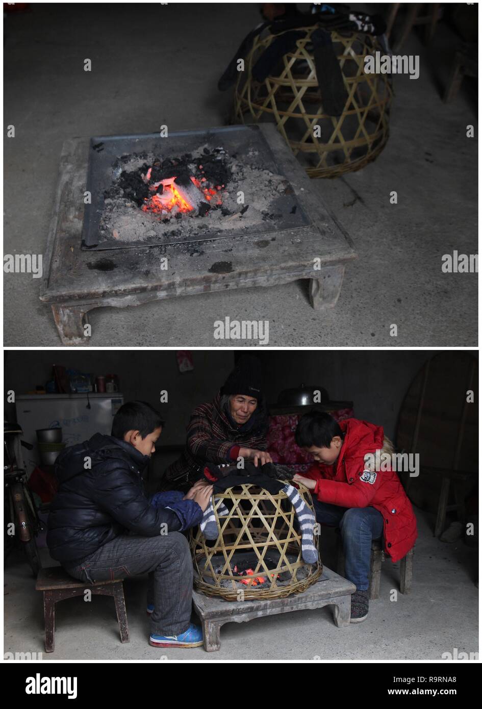 Changsha. Le 15 décembre, 2018. Combo photo prise le 15 décembre 2018 montre que les personnes assises autour d'une cuisinière pour le chauffage, dans le comté de Chine centrale Daoxian's dans la province de Hunan. Comme la température chute, les gens dans le Hunan utiliser divers appareils de chauffage pour lutter contre la froideur. Crédit : Il Hongfu/Xinhua/Alamy Live News Banque D'Images