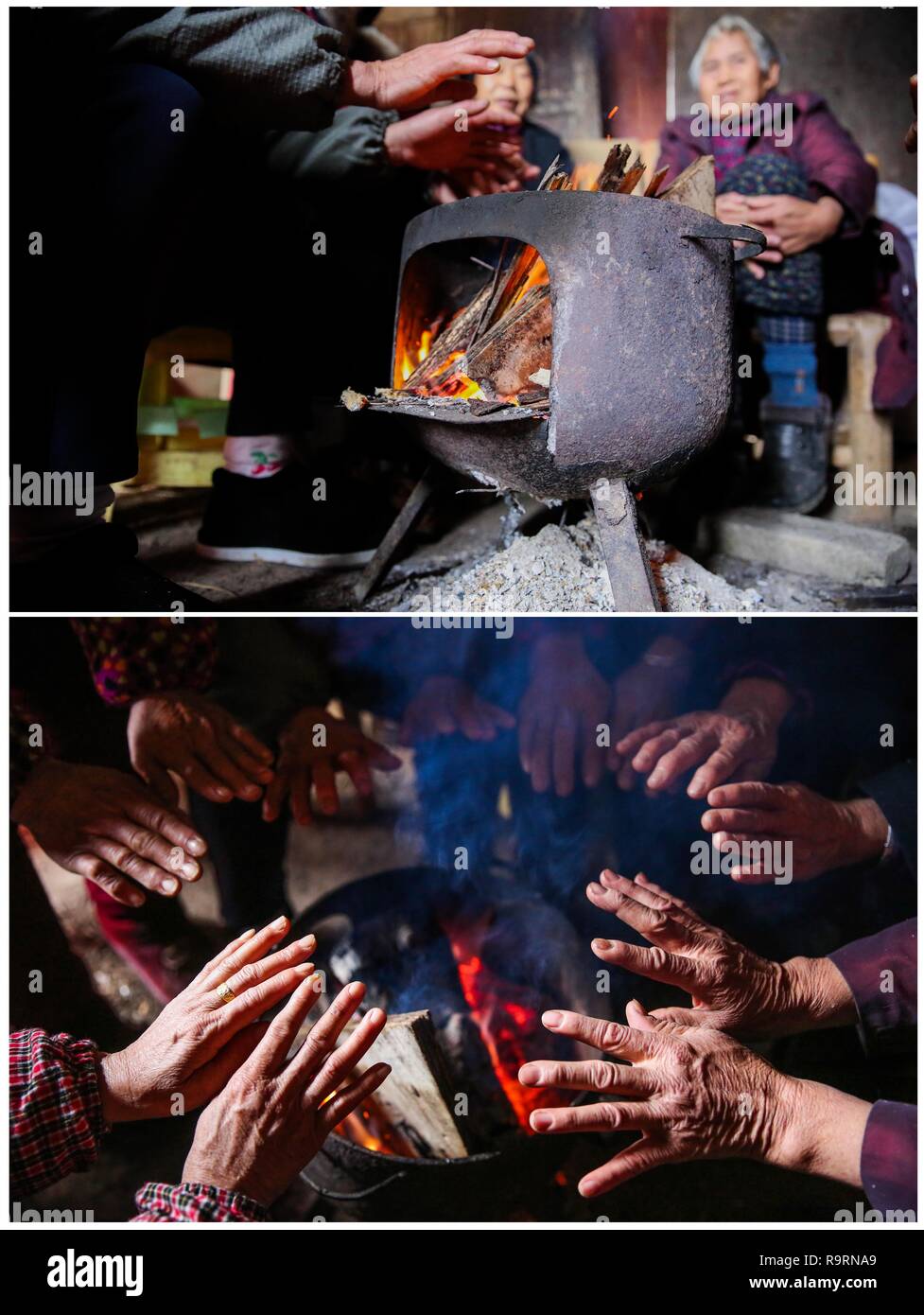 Changsha. 13 Décembre, 2018. Combo photo prise le 13 décembre 2018 montre que les personnes assises autour d'une cuisinière pour le chauffage, dans le comté de Longhui du centre de la Chine, dans la province de Hunan. Comme la température chute, les gens dans le Hunan utiliser divers appareils de chauffage pour lutter contre la froideur. Credit : Zeng Yong/Xinhua/Alamy Live News Banque D'Images