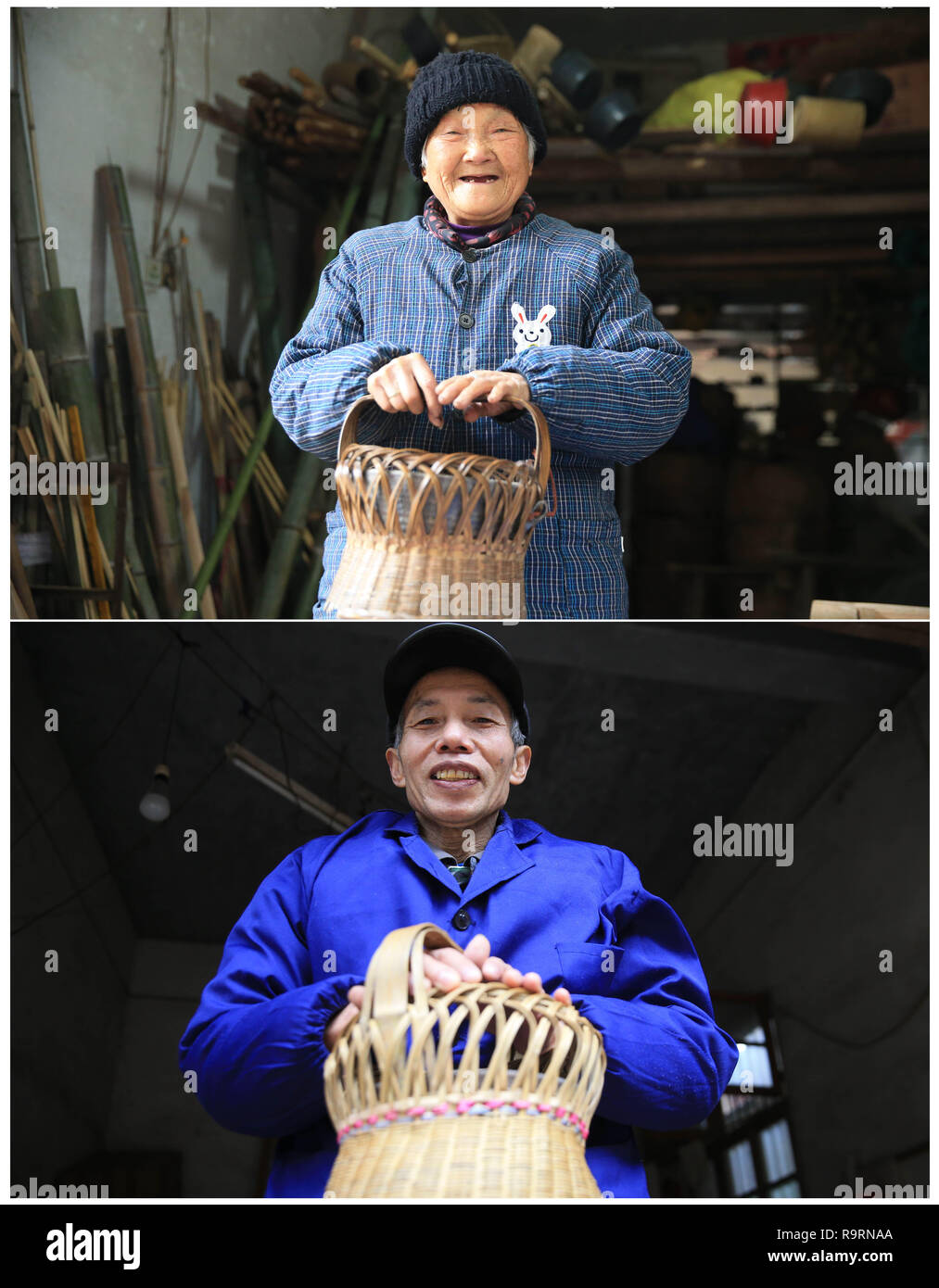 Changsha. Le 15 décembre, 2018. Combo photo prise le 15 décembre 2018 montre que les personnes à l'aide d'un 'panier' incendie faites de bambou, de Quanhu Township, comté de Hengnan de Chine centrale, dans la province de Hunan. Comme la température chute, les gens dans le Hunan utiliser divers appareils de chauffage pour lutter contre la froideur. Credit : Cao Zhengping/Xinhua/Alamy Live News Banque D'Images
