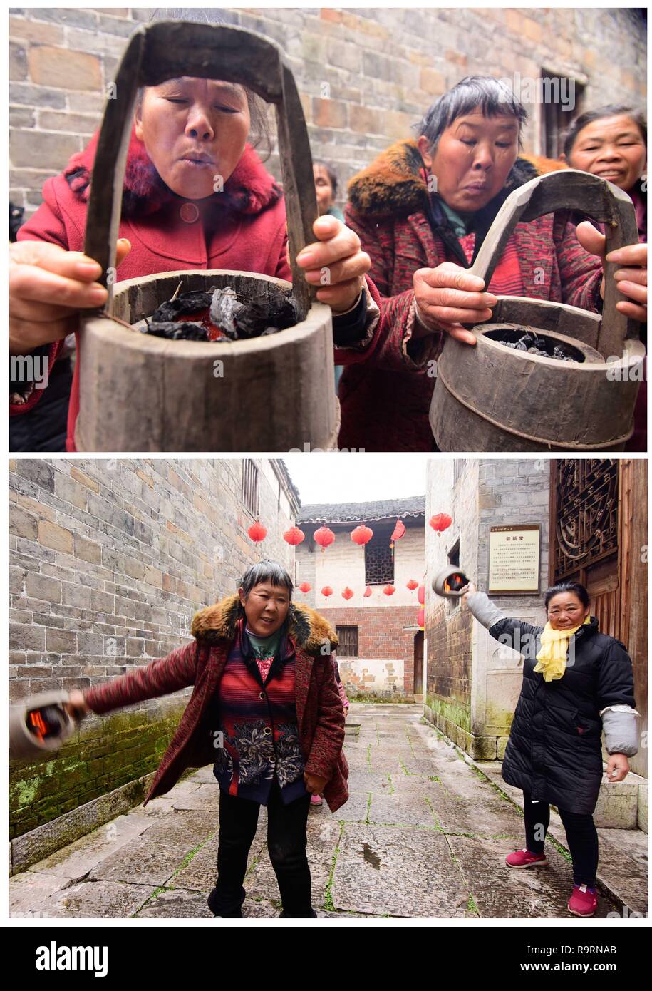 Changsha. 14 Décembre, 2018. Combo photo prise le 14 décembre 2018 montre que les personnes à l'aide de barils en bois 'fire' pour le chauffage, dans la région de Jinping Township, comté de Regent's de la Chine centrale, dans la province de Hunan. Comme la température chute, les gens dans le Hunan utiliser divers appareils de chauffage pour lutter contre la froideur. Credit : Huang Chuntao/Xinhua/Alamy Live News Banque D'Images
