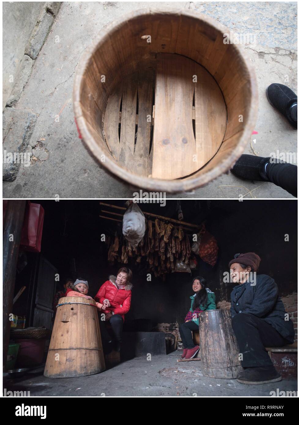 Changsha. Dec 12, 2018. Combo photo prise le 12 décembre 2018 montre que les personnes à l'aide de boîtes du feu" pour le chauffage, dans Chengbu comté autonome Miao de la Chine centrale dans la province de Hunan. Comme la température chute, les gens dans le Hunan utiliser divers appareils de chauffage pour lutter contre la froideur. Crédit : Yang Huanmin/Xinhua/Alamy Live News Banque D'Images