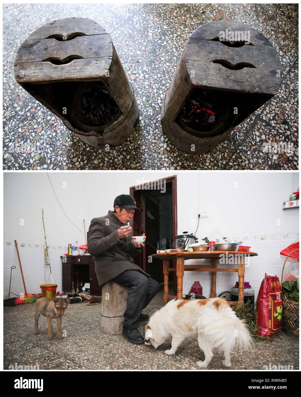 Changsha. 14 Décembre, 2018. Combo photo prise le 14 décembre 2018 montre un homme assis sur un tabouret 'fire' pour le chauffage, dans le comté de Longhui Longhe de village dans le centre de la Chine, dans la province de Hunan. Comme la température chute, les gens dans le Hunan utiliser divers appareils de chauffage pour lutter contre la froideur. Credit : Zeng Yong/Xinhua/Alamy Live News Banque D'Images