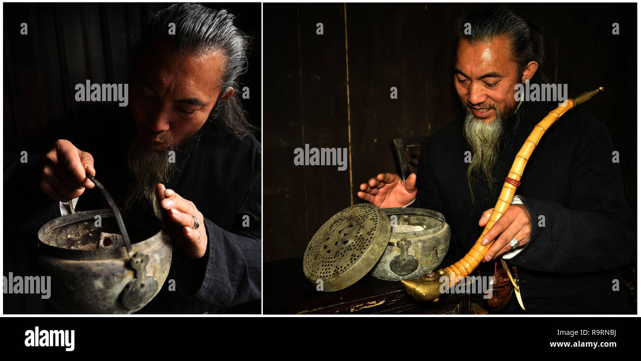 Changsha. 13 Décembre, 2018. Combo photo prise le 13 décembre 2018 montre un homme à l'aide d'un 'panier' incendie en cuivre, dans la ville de Saint Paul de la Chine centrale dans la province de Hunan. Comme la température chute, les gens dans le Hunan utiliser divers appareils de chauffage pour lutter contre la froideur. Credit : Yao Fang/Xinhua/Alamy Live News Banque D'Images