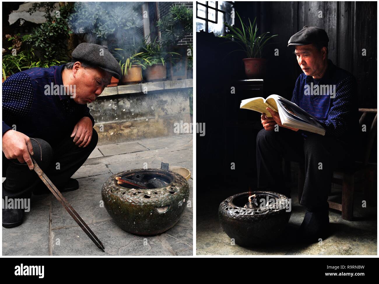 Changsha. 13 Décembre, 2018. Combo photo prise le 13 décembre 2018 montre résident local Chen Jinzhang porcelaine à l'aide d'une cuisinière pour le chauffage, la ville de Saint Paul dans la province du Hunan en Chine centrale. Comme la température chute, les gens dans le Hunan utiliser divers appareils de chauffage pour lutter contre la froideur. Credit : Yao Fang/Xinhua/Alamy Live News Banque D'Images