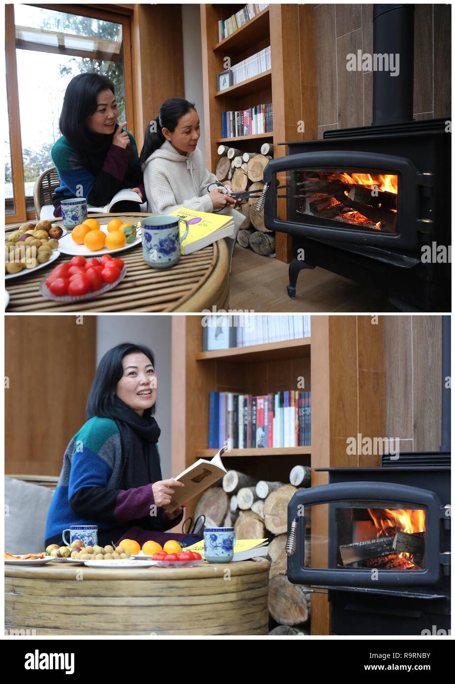 Changsha. 13 Décembre, 2018. Combo photo prise le 13 décembre 2018 montre aux gens assis à côté d'une cheminée dans une station dans le district de Wulingyuan de Zhangjiajie city, Province du Hunan en Chine centrale. Comme la température chute, les gens dans le Hunan utiliser divers appareils de chauffage pour lutter contre la froideur. Credit : Wu Yongbing/Xinhua/Alamy Live News Banque D'Images