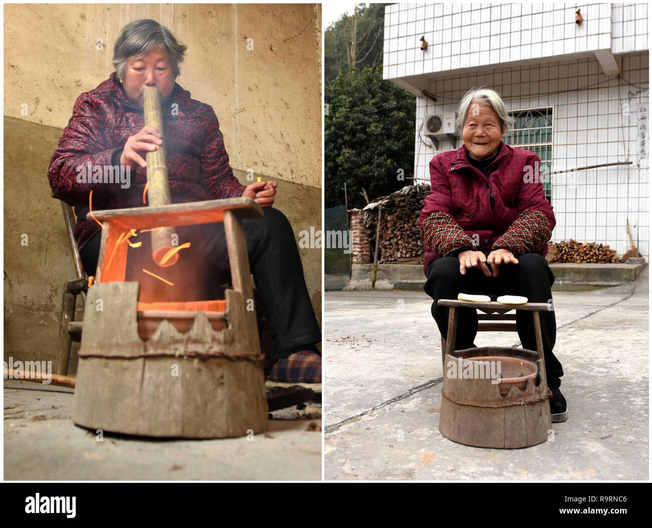 Changsha. 14 Décembre, 2018. Combo photo prise le 14 décembre 2018 montre que les femmes à l'aide d'un fourreau en bois 'fire' pour le chauffage, dans le village de Shuangfeng Jiangshi county, le centre de la Chine, dans la province de Hunan. Comme la température chute, les gens dans le Hunan utiliser divers appareils de chauffage pour lutter contre la froideur. Crédit : Li Jianxin/Xinhua/Alamy Live News Banque D'Images