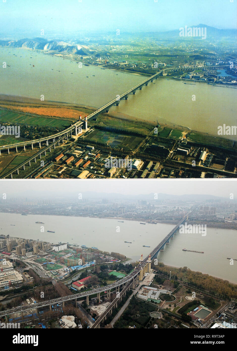 Beijing, Chine. Dec 29, 2018. La photo montre combiné Nanjing Yangtze River Bridge dans le passé (en haut) et après rénovation Le 27 décembre 2018 à Nanjing, capitale de la province de Jiangsu, Chine orientale. Source : Xinhua/Alamy Live News Banque D'Images