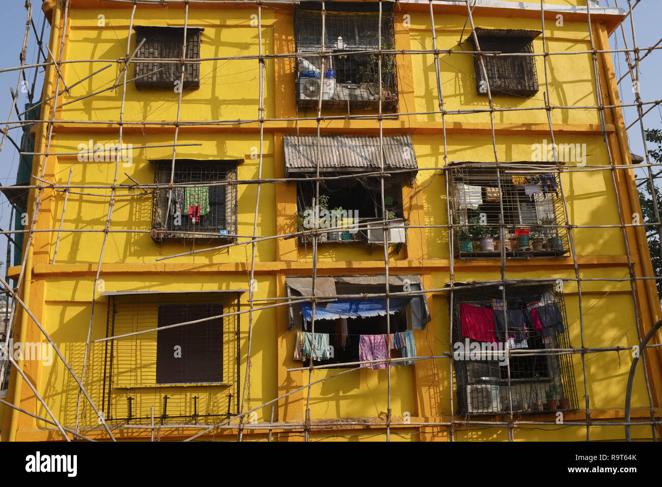 Une maison couverte d'échafaudages en bambou simple d'avoir reçu une nouvelle couche de peinture jaune, Mumbai, Inde Banque D'Images