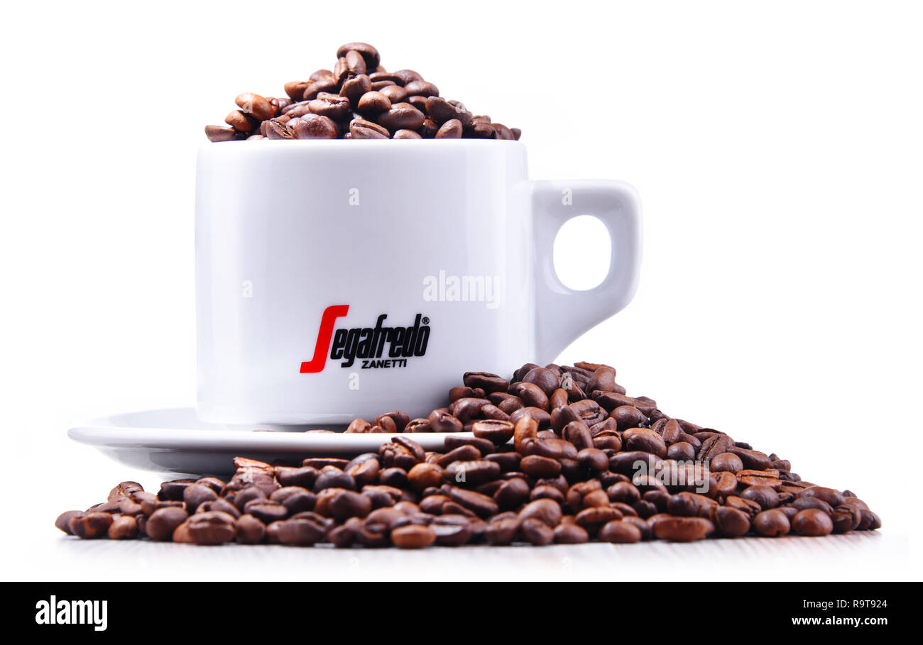 POZNAN, POL - Aug 3, 2018 : tasse de café Segafredo Zanetti, une marque appartenant à Massimo Zanetti Beverage Group la plus grande compagnie privée dans le café Banque D'Images