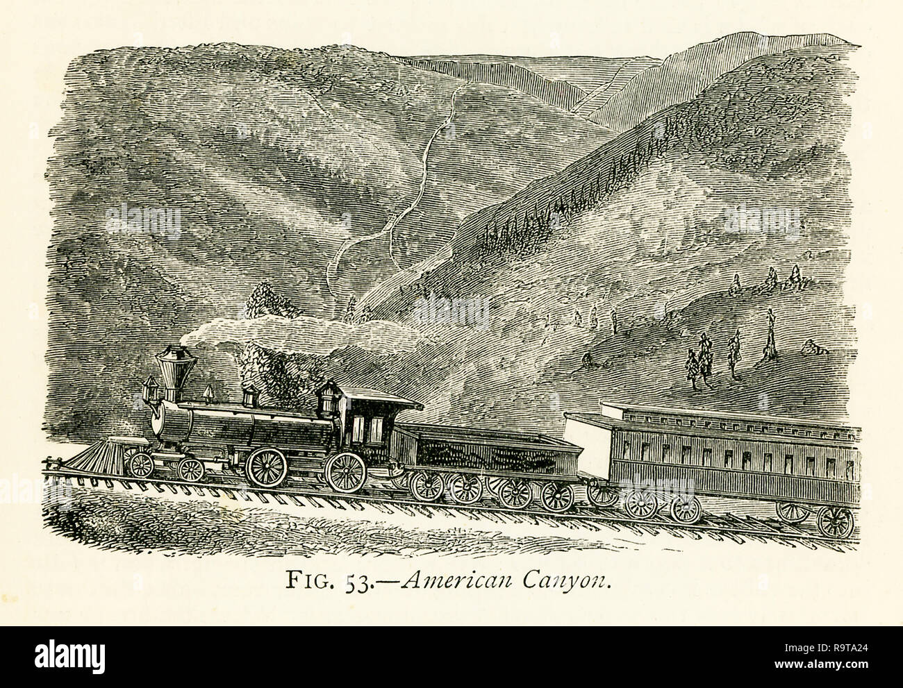 Cette illustration dates pour les années 1870 et montre American Canyon. La Sierra Nevada, comme son nom l'indique, est une gamme de montagne sauvages accidentées casse-tête, toujours couverte de neige. De sommet (7 017 pi) de la ligne descend continuellement à Sacramento, qui n'est qu'à 30 pieds au-dessus du niveau de la mer, et 104 kilomètres de sommet. Environ 36 kilomètres de sommet, le Great American Canyon, l'une des plus sauvages gorges de la Sierra Nevada, est adopté. Ici l'American River est limitée pour une longueur de deux kilomètres entre des murs de roche, 2 000 pi. de hauteur, et si grave qu'aucun pied humain n'a encore jamais Banque D'Images
