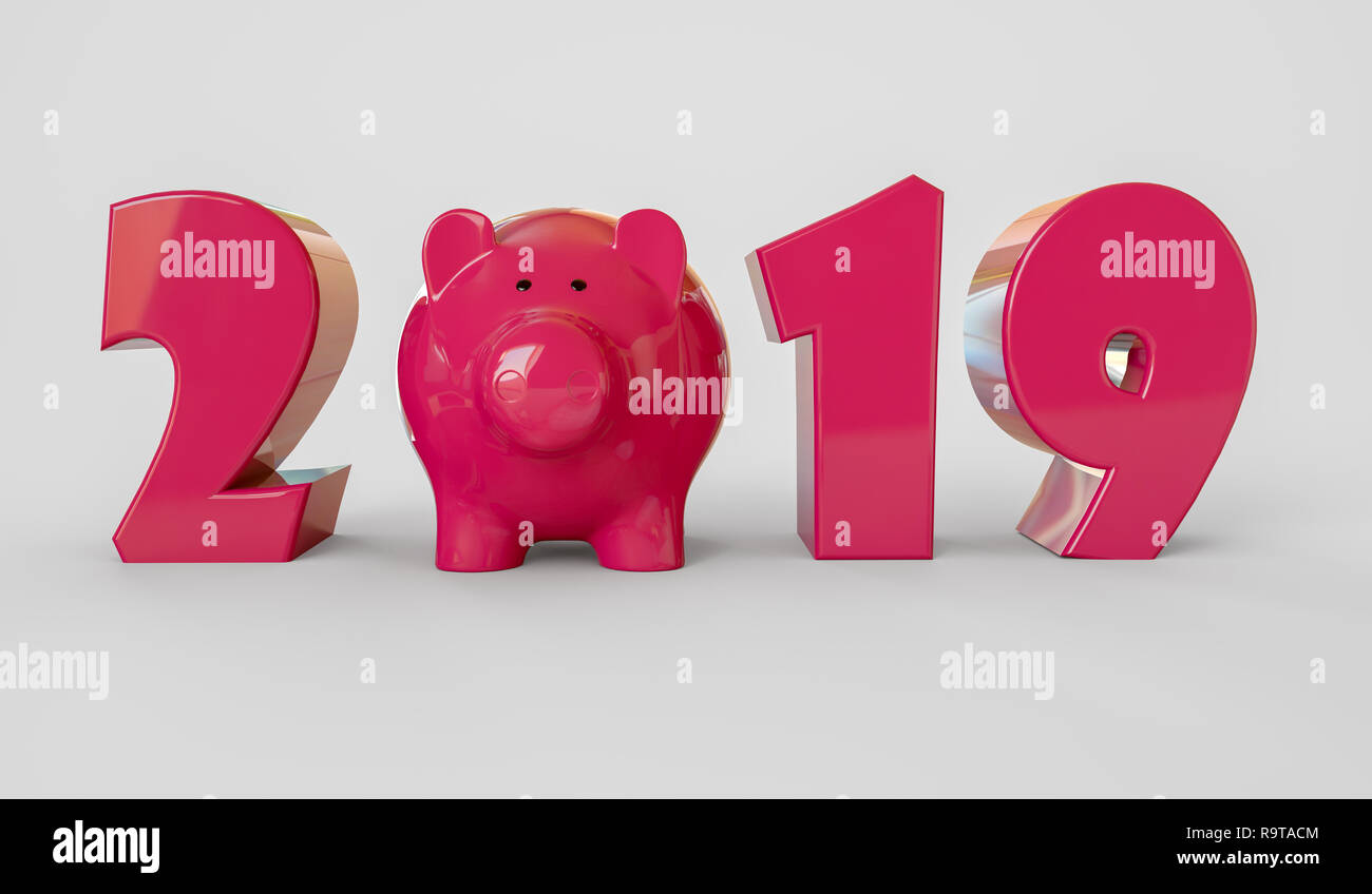 Bonne année 2019, année du cochon. Le rendu 3D illustration. Banque D'Images