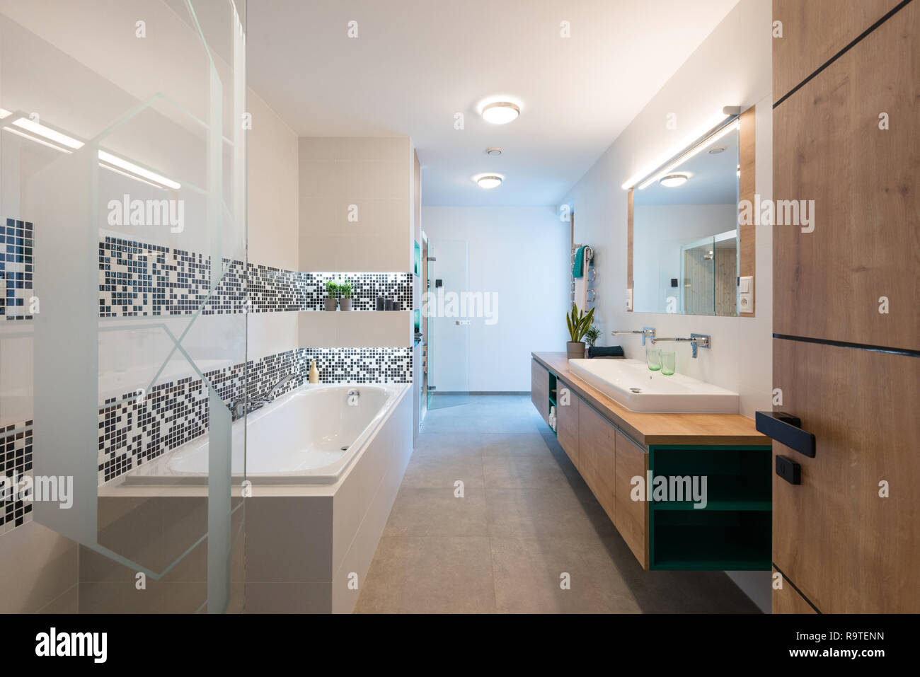 Intérieur de salle de bains moderne avec baignoire et douche Banque D'Images