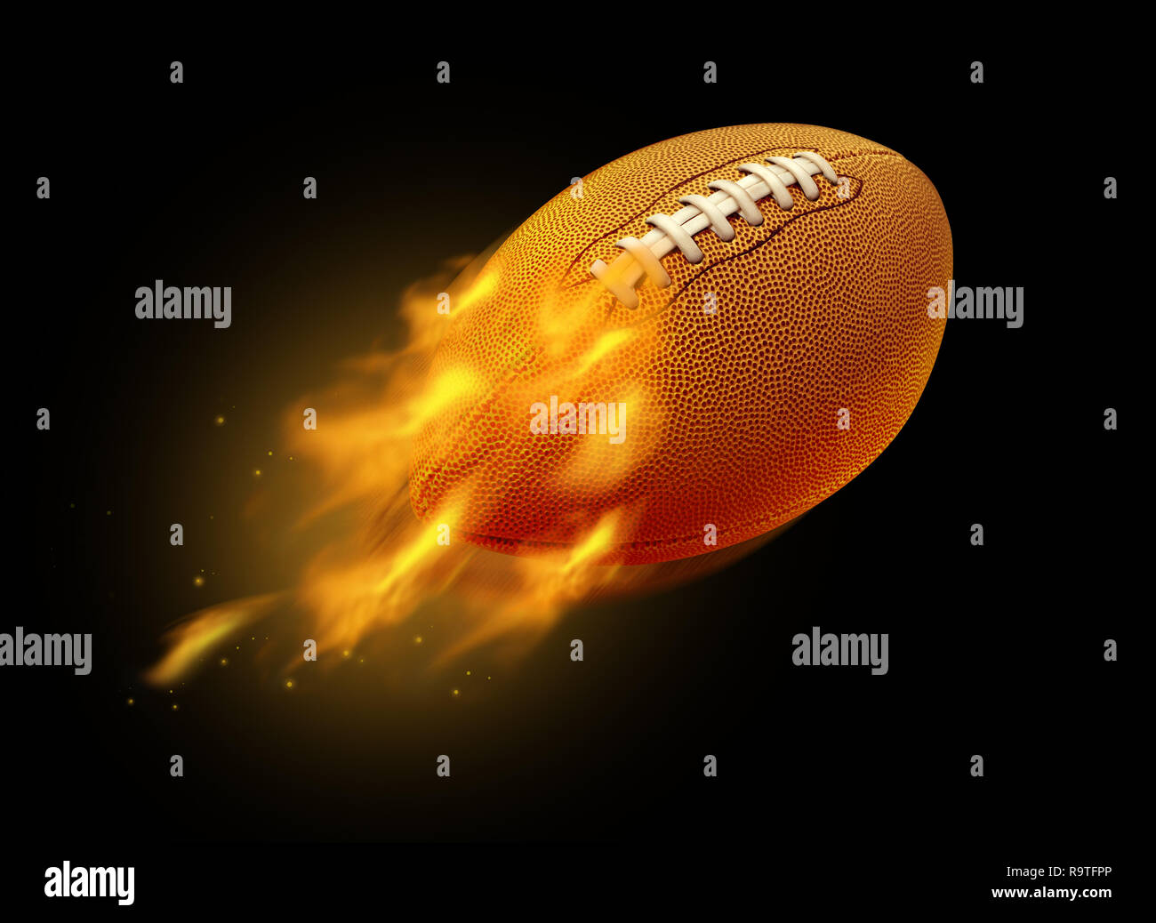 Battant football américain de gravure gravure avec flammes sur un fond noir avec éléments 3D illustration. Banque D'Images